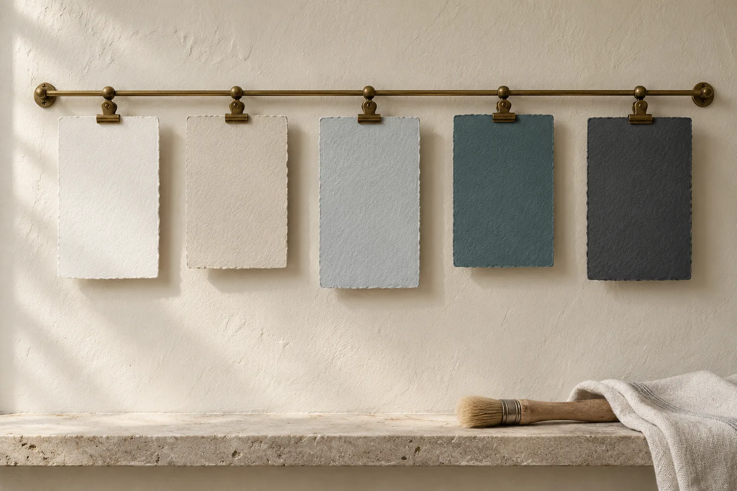 Ivory, mineral green and deep blue paint samples beside plaster moulding and painted metal