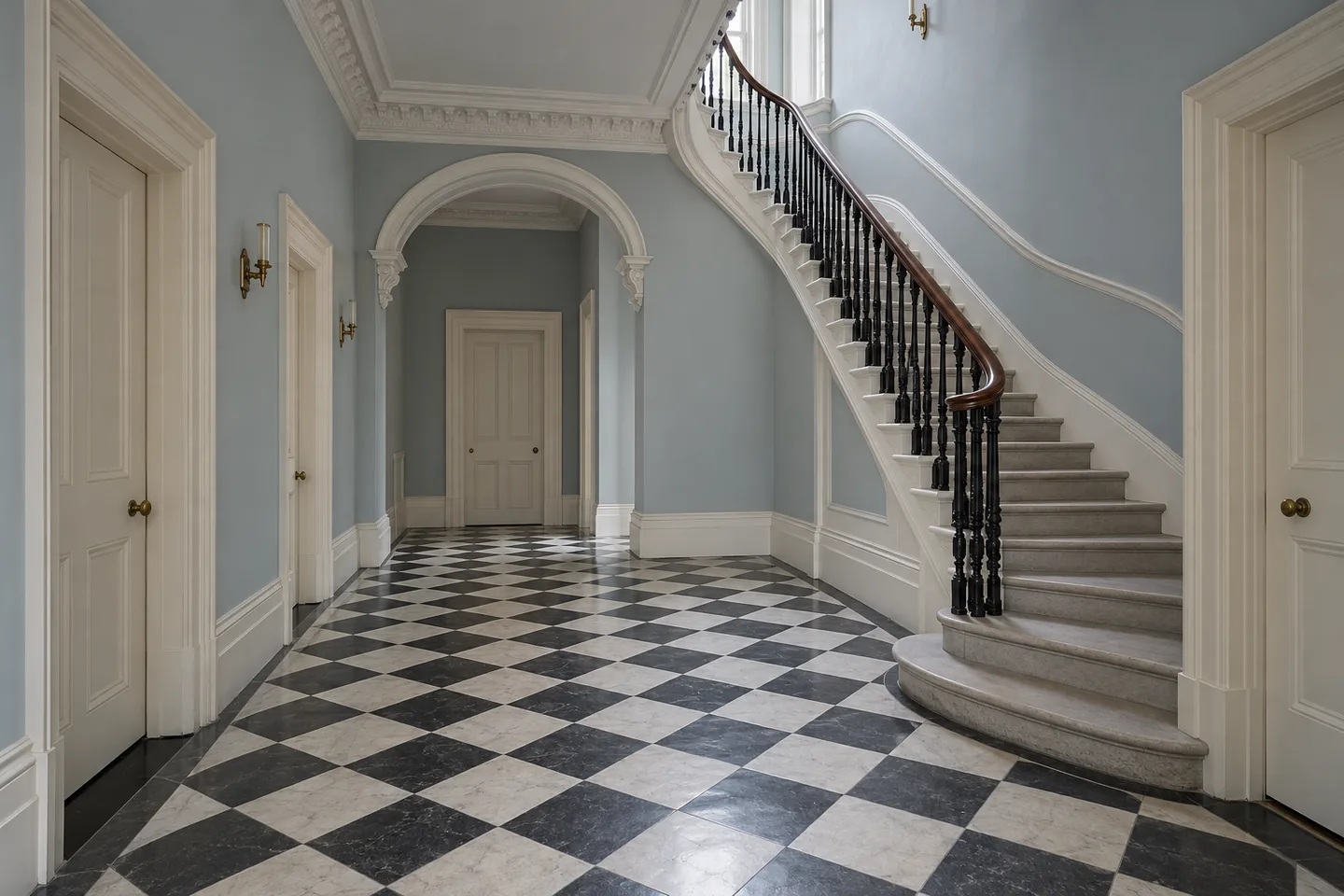 Wide communal entrance hall with black-and-white floor tiles, painted walls and a rising staircase