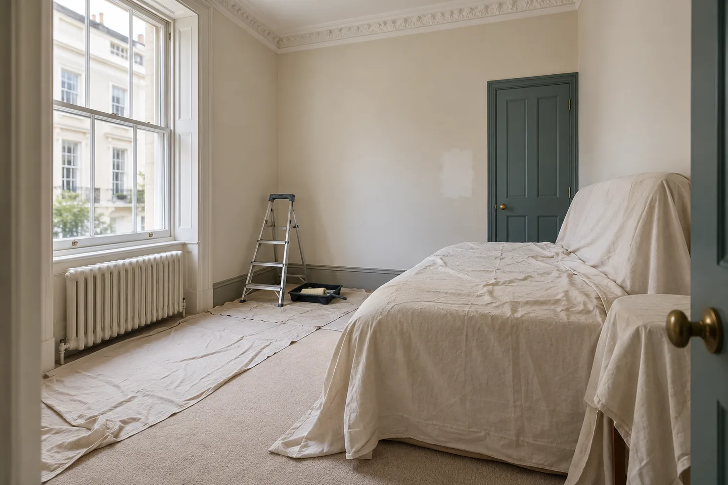 Small guest room prepared for repainting with protected furniture and a paint tray