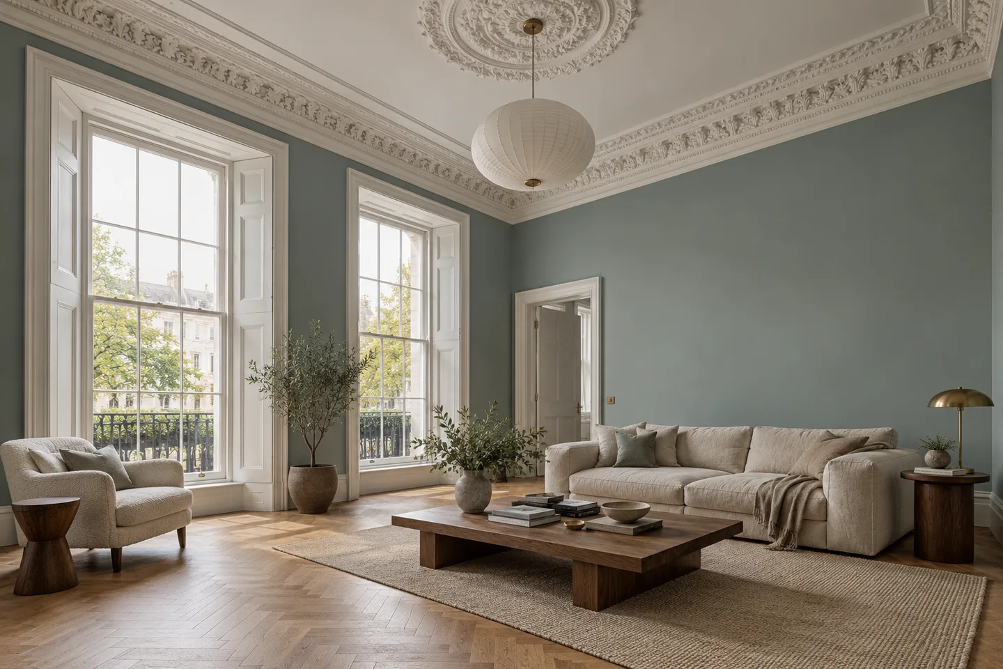 High-ceilinged flat with tall sash windows, ornate cornice and muted blue-green walls